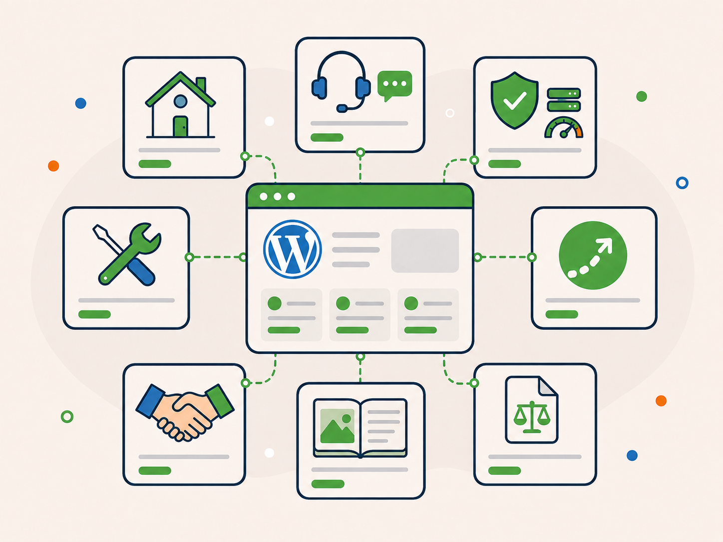 Illustration of a top-level Newt Labs website directory with a central WordPress page connected to support, care plans, services, partners, blog, legal, and other main website sections.