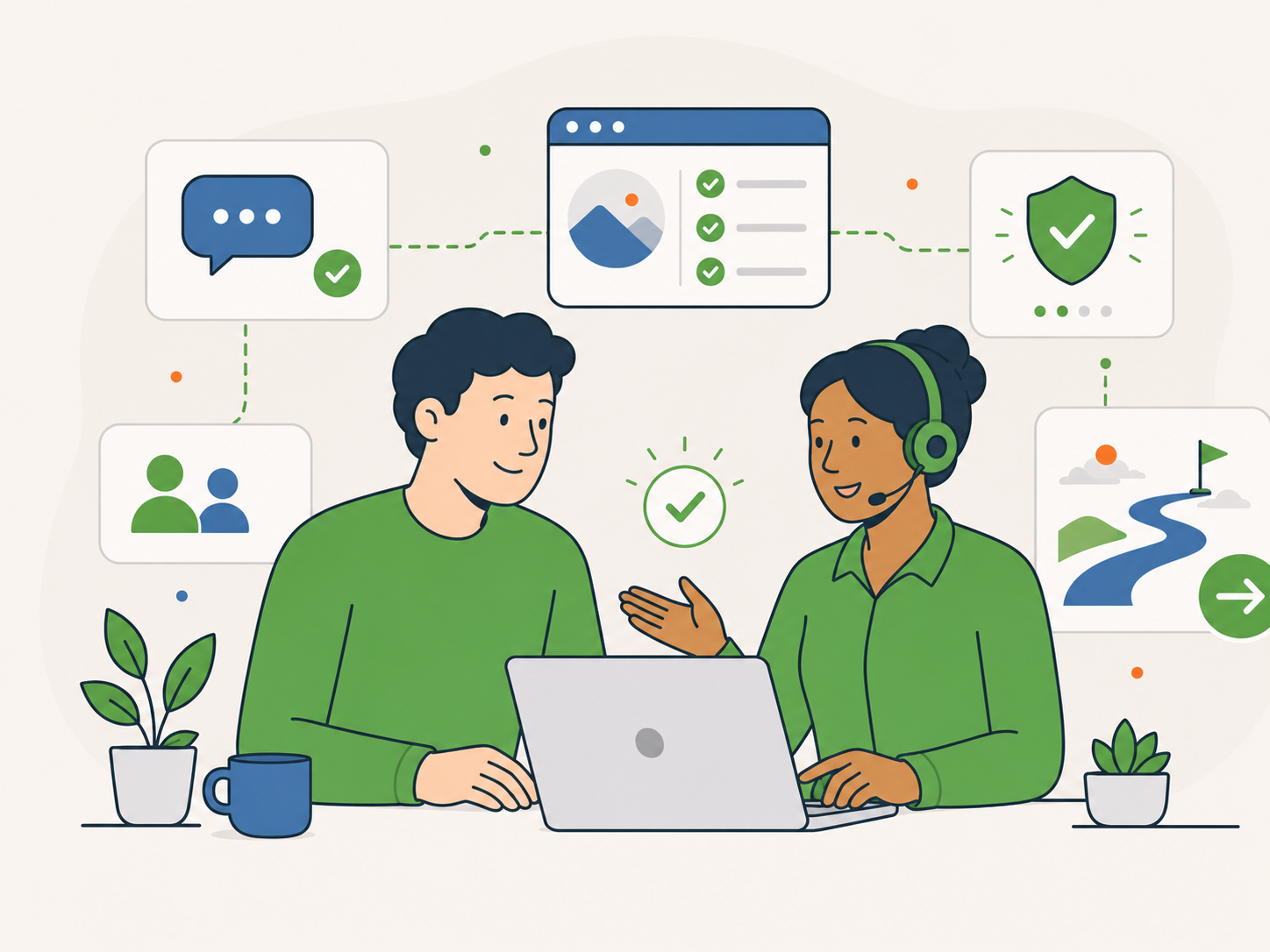 Illustration of a website owner talking with a support agent about the next step for WordPress help, with chat, care plan, and clear path icons showing friendly guidance.