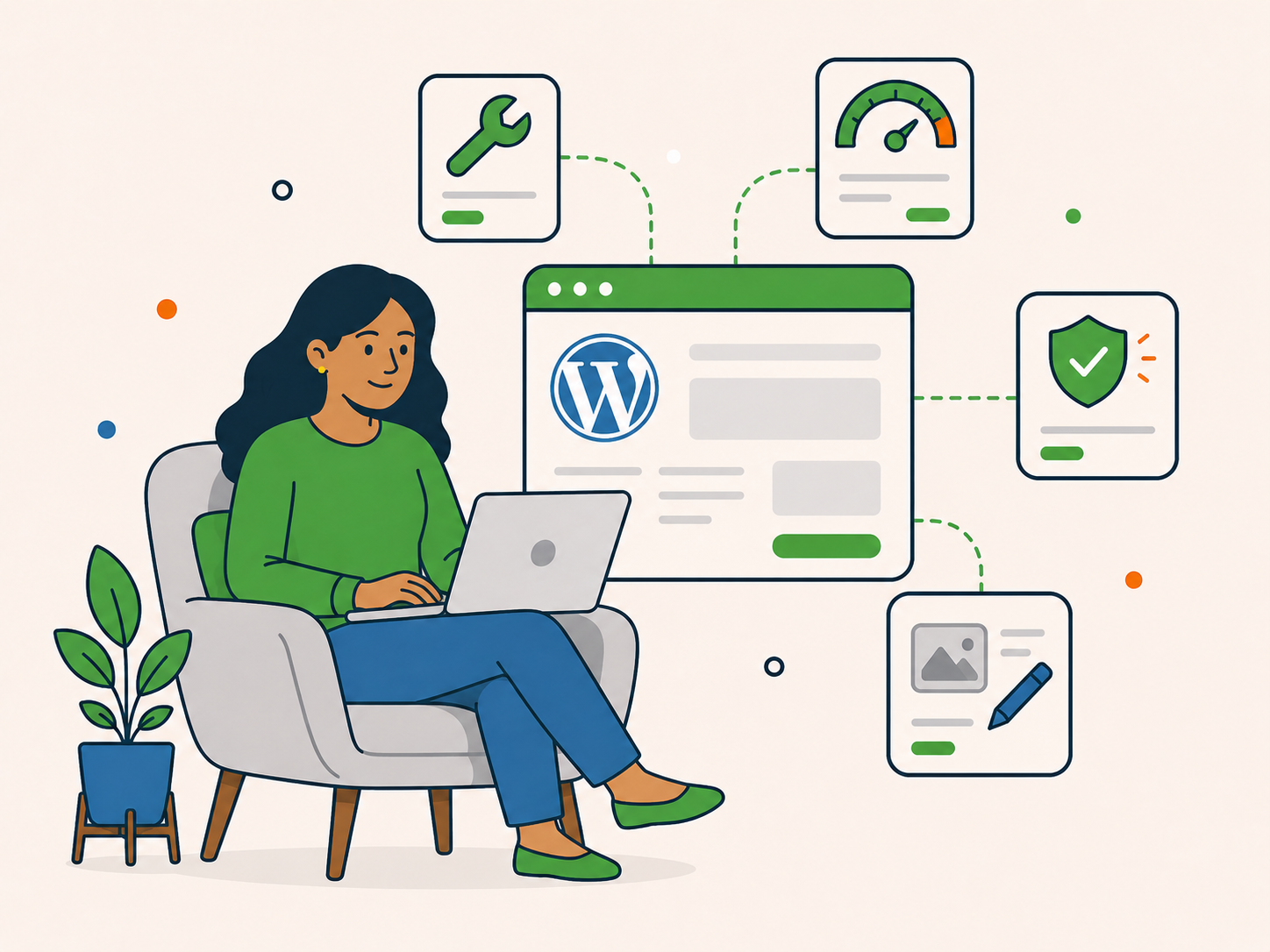 Woman using a laptop beside WordPress repair, security and speed icons representing one-off website support.