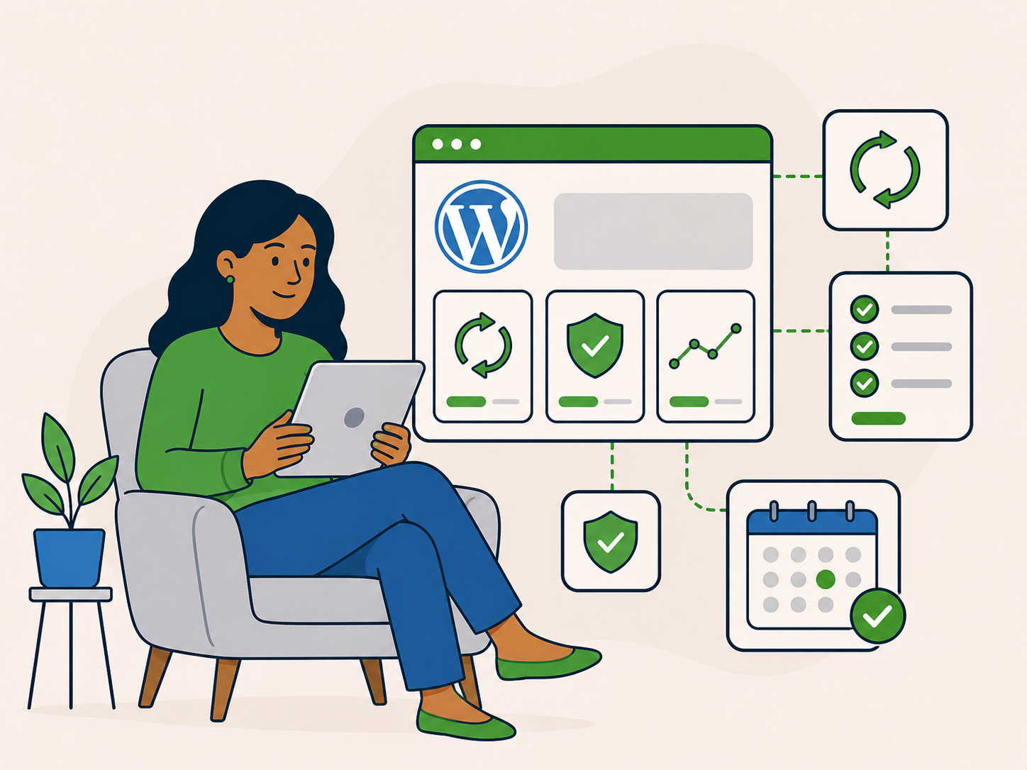 Business owner managing WordPress updates, security, performance and scheduled maintenance from one dashboard.