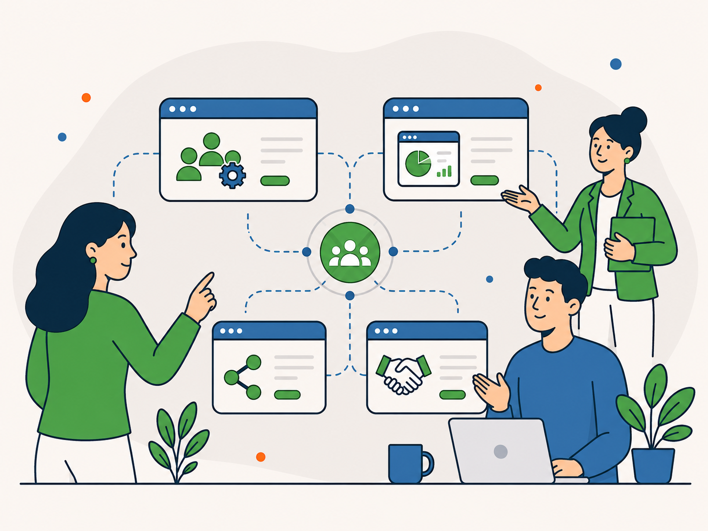 Illustration of three people choosing between different partnership routes, with connected cards for delivery support, business support, referrals, and acquisitions.