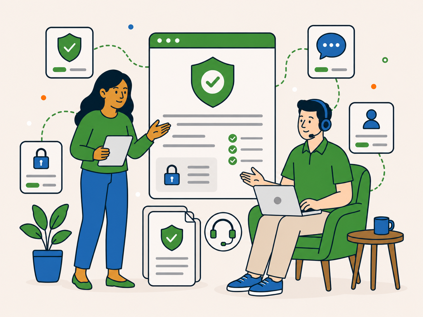 Newt Labs privacy policy illustration showing secure documents, data protection, support, and privacy guidance in a clear and reassuring setting.