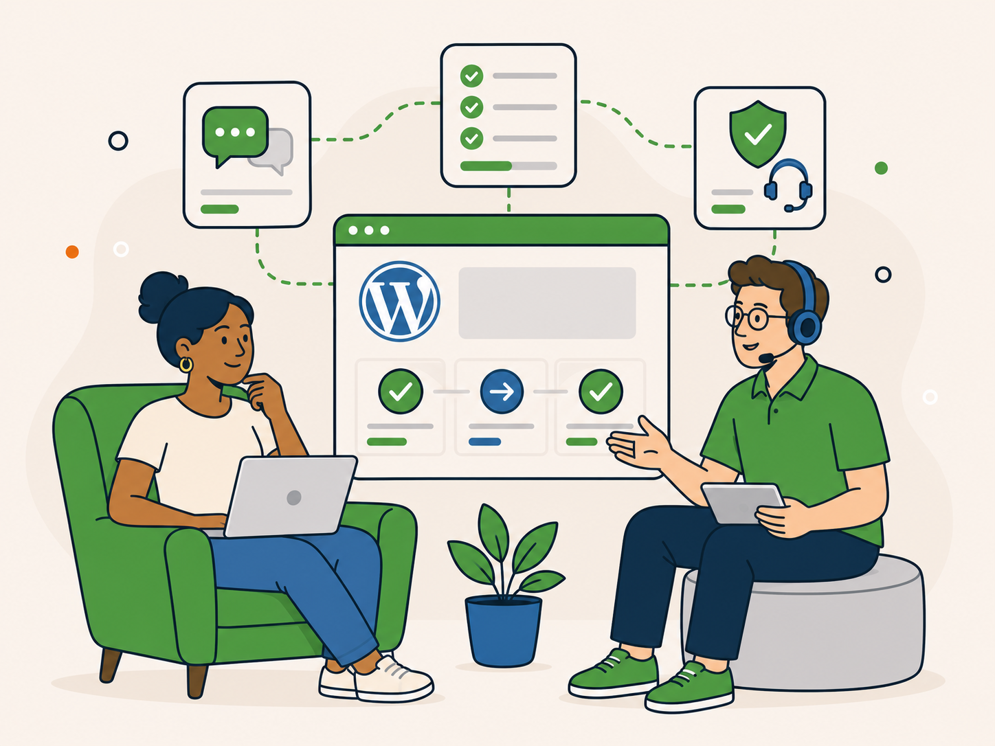 A client and a Newt Labs support specialist reviewing the next steps for a WordPress website, with calm support, guidance, and process icons shown around them.