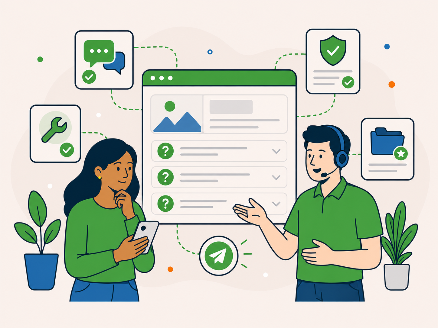 Customer holding a phone while a support adviser explains contact options beside a FAQ panel linked to chat, repairs, security and project support.