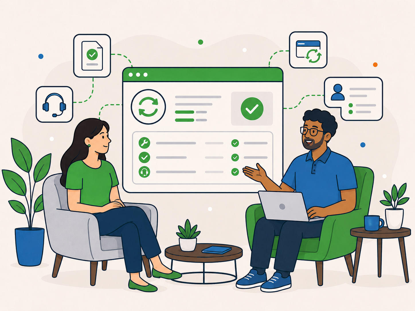 Illustration of a Newt Labs support discussion, with a customer and support adviser seated in armchairs beside a dashboard showing service history, completed support items, and refund guidance icons.