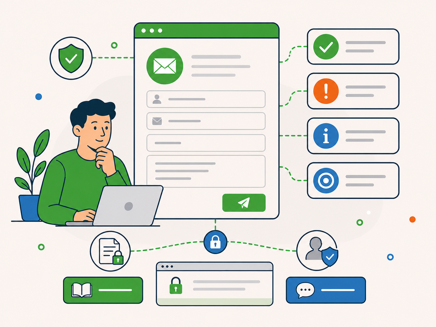 Illustration of a website contact form with placeholder fields, privacy and security icons, and guidance for submitting accurate enquiry information