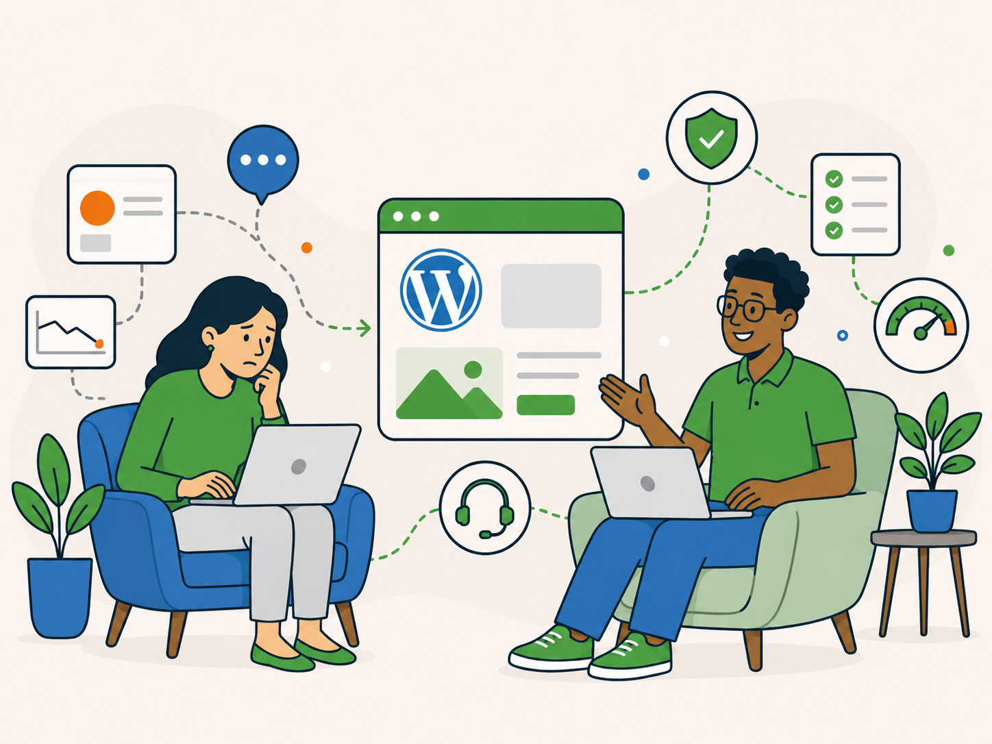 Website owner receiving reassuring WordPress support and moving from website stress to confidence and peace of mind.