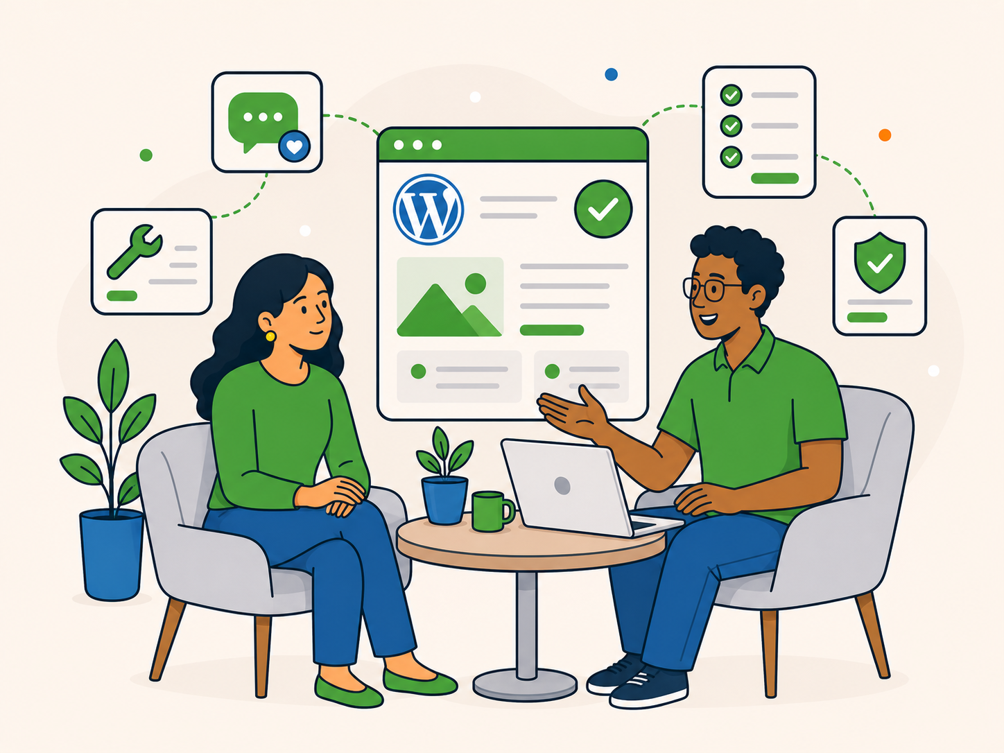 Business owner meeting with a friendly support advisor, seated in armchairs beside a small table, with a laptop and WordPress support dashboard, checklist, chat, tools, and security icons showing clear, calm guidance.