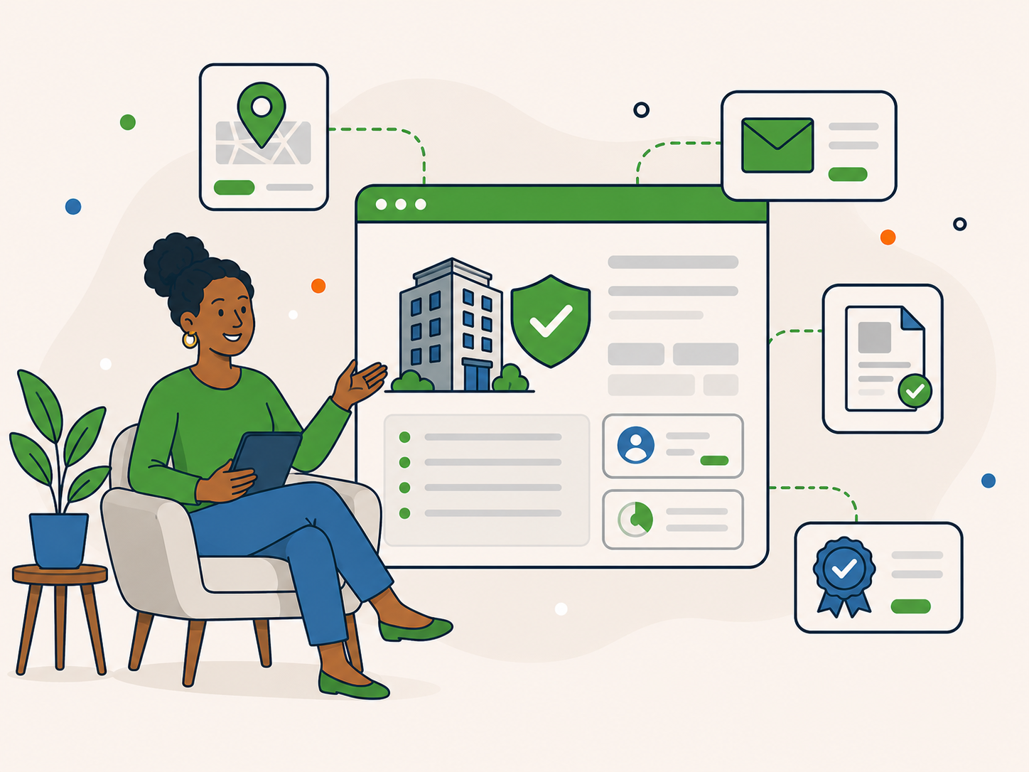 Illustration of a verified business details panel for Newt Labs, showing a woman presenting a company information dashboard with icons for location, email, official documents, and verification.