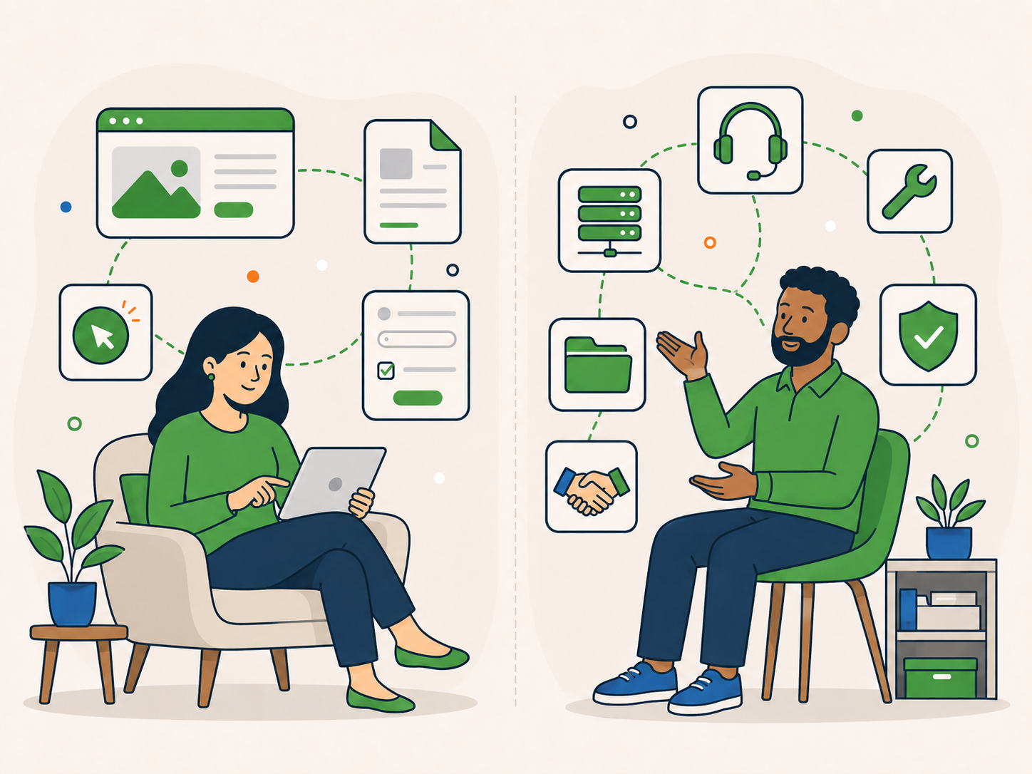 Illustration split into two panels showing what the Newt Labs terms cover: on the left, a woman uses the public website with website and form icons around her; on the right, a man is surrounded by service-related icons representing support, hosting, maintenance, and paid work.