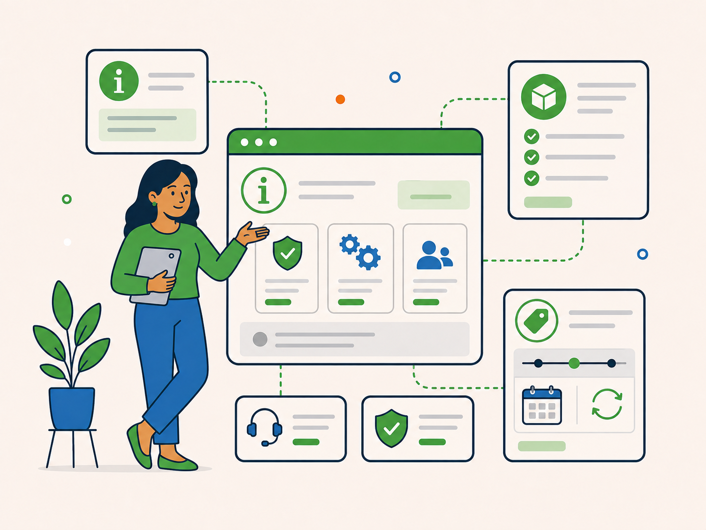 Illustration of a woman presenting website information cards for general guidance, service details, pricing, availability, support, and security.