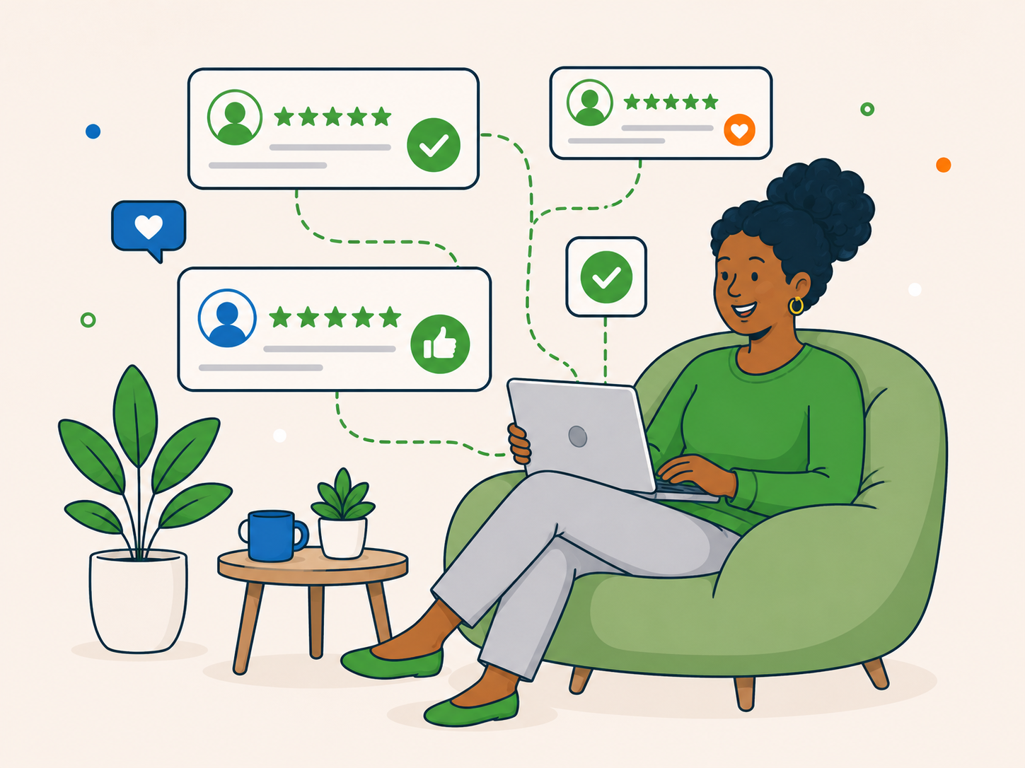 Illustration of a happy customer reading positive website reviews on a laptop, surrounded by rating cards, check marks, and approval icons.