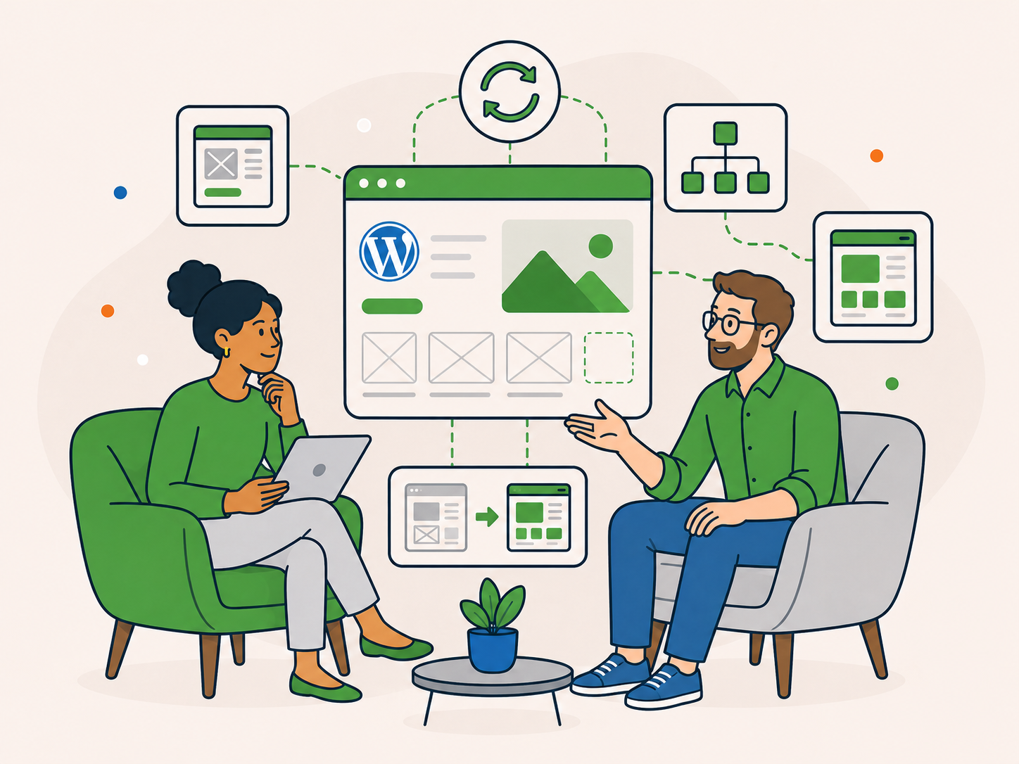Client and website specialist discussing a WordPress rebuild or redesign using page plans and wireframes.