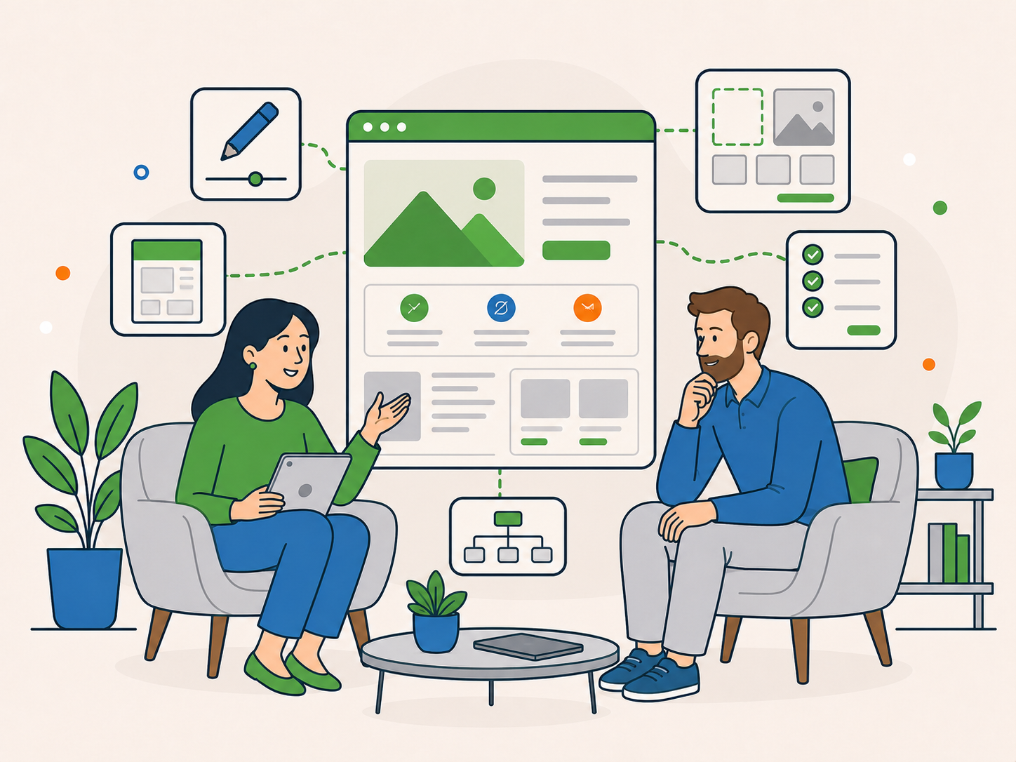 Client and website specialist discussing a larger website rebuild or redesign with plans and page layouts.
