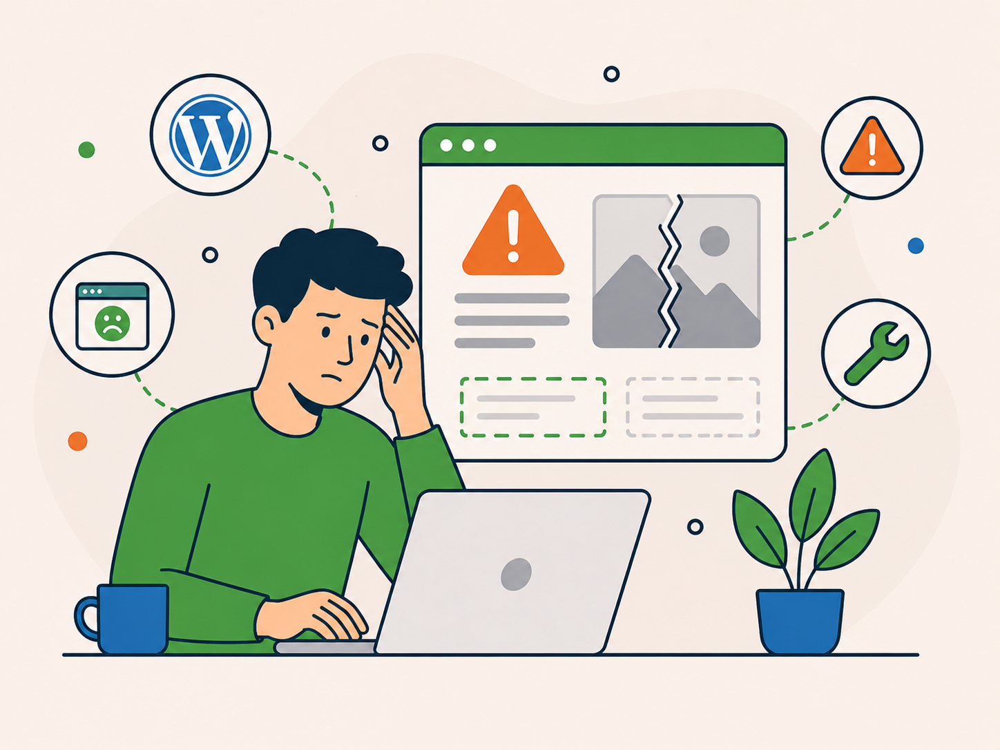 Frustrated website owner viewing a broken WordPress page with warning, repair and error icons.