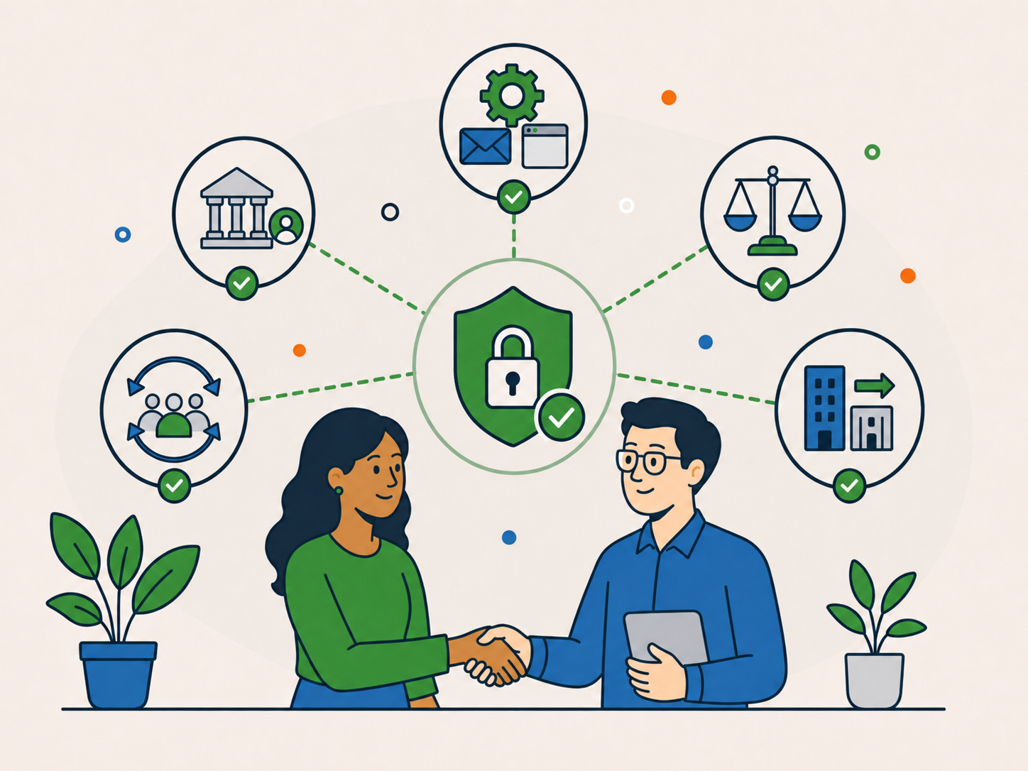 Illustration showing information being shared only where needed, with trusted providers, advisers, partners, and legal reasons connected through a central privacy shield.