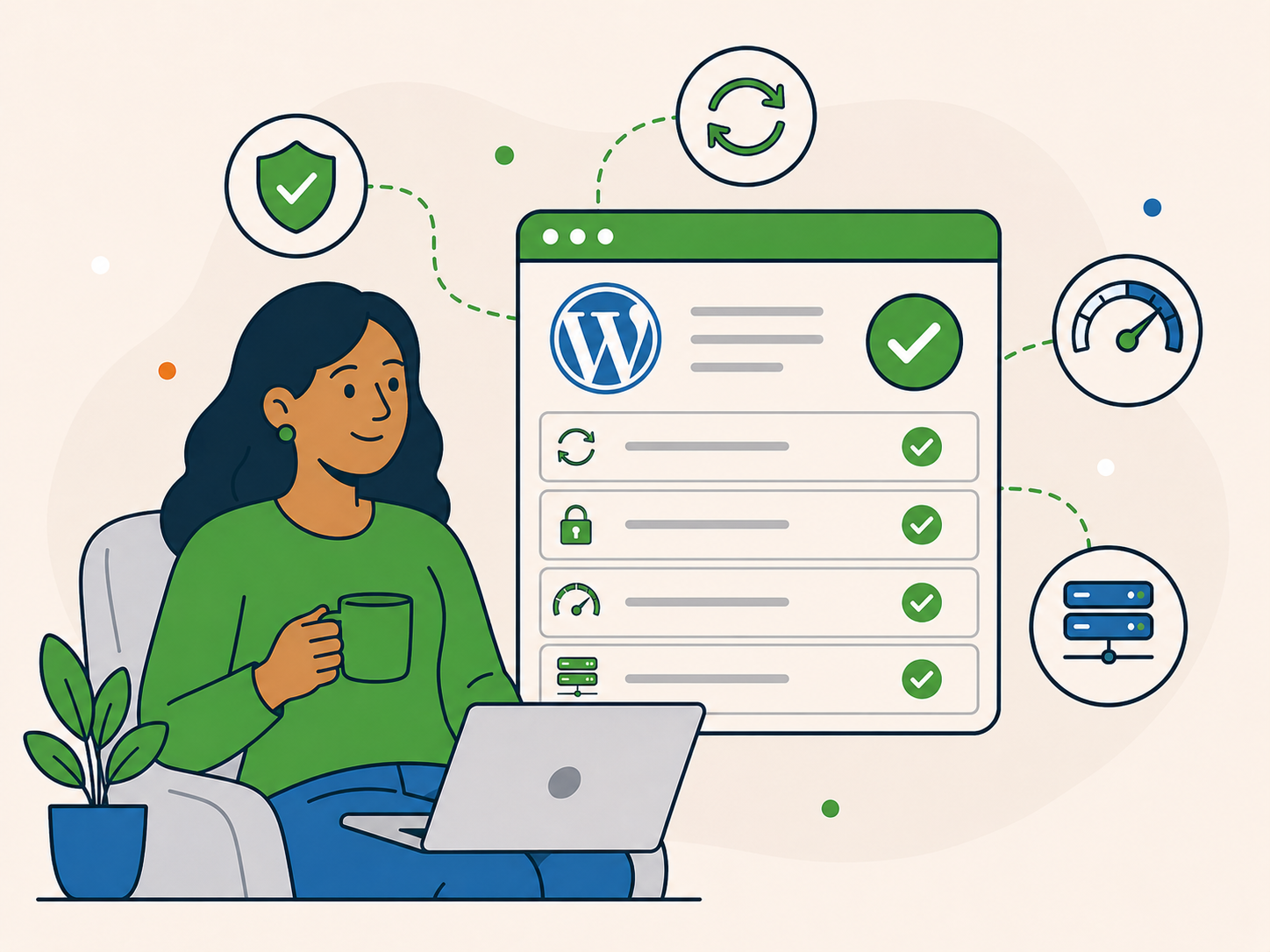 Relaxed website owner viewing a WordPress care plan dashboard covering maintenance, security, performance and hosting.