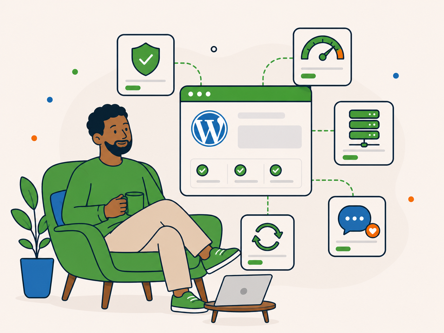 Relaxed website owner viewing a WordPress dashboard with security, performance, hosting and ongoing support icons.