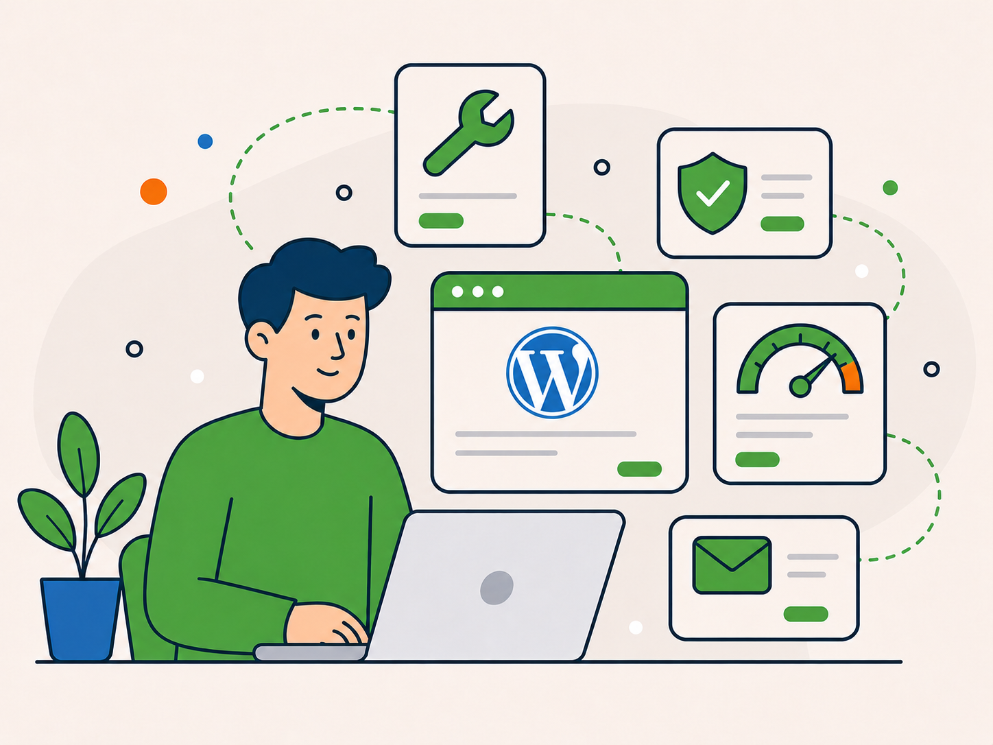 Illustration of a managed WordPress hosting setup with a website dashboard connected to cloud hosting, security, performance, migration, backups, and support.