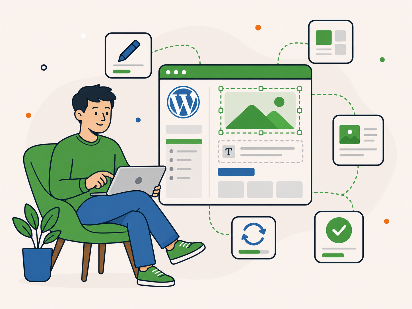 Website owner editing a WordPress page layout with content, image and design update controls.
