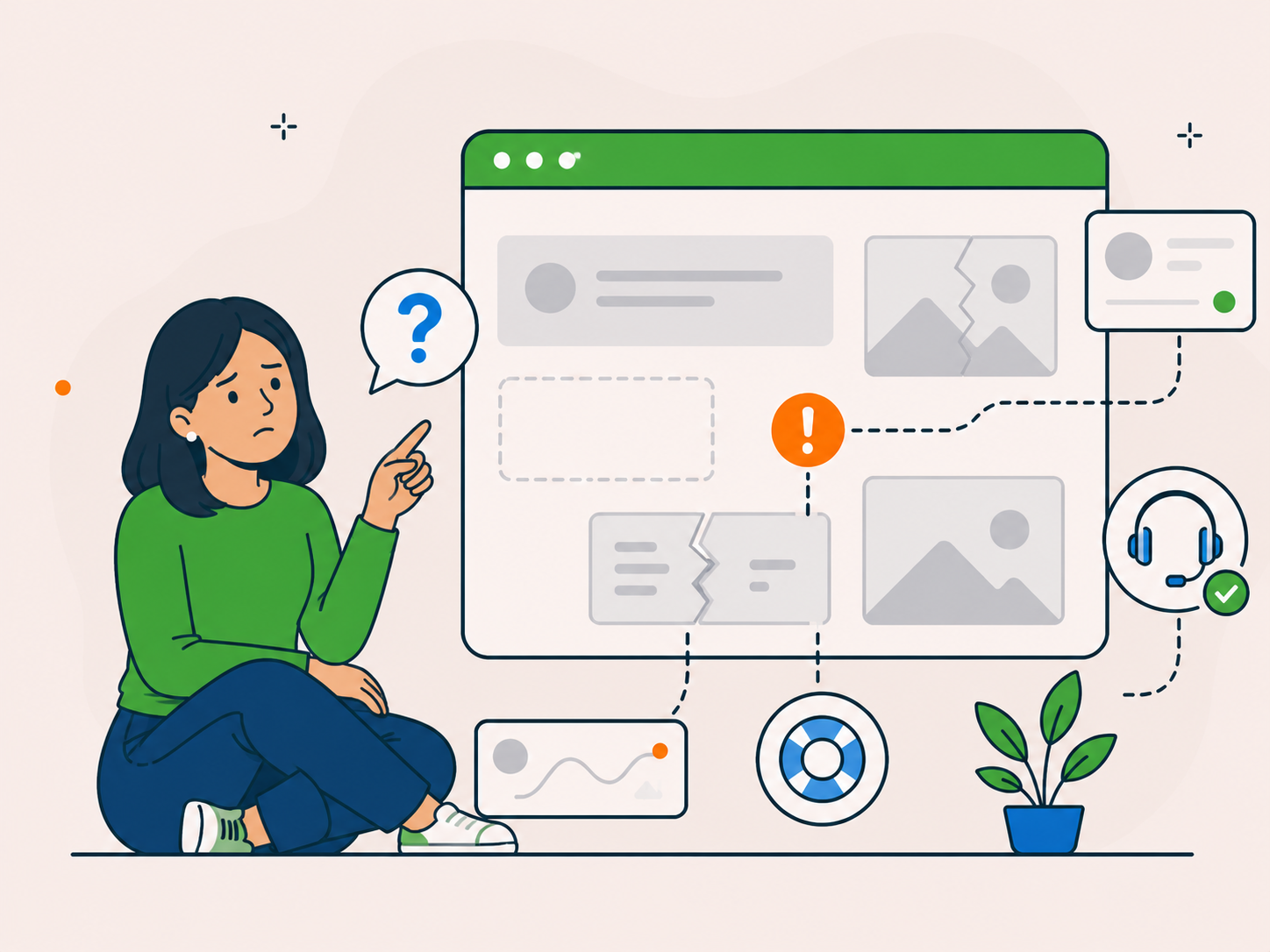 Illustration of a concerned website owner looking at a website screen with mixed problem indicators, question mark icon, warning symbol, broken content blocks, and support icon.