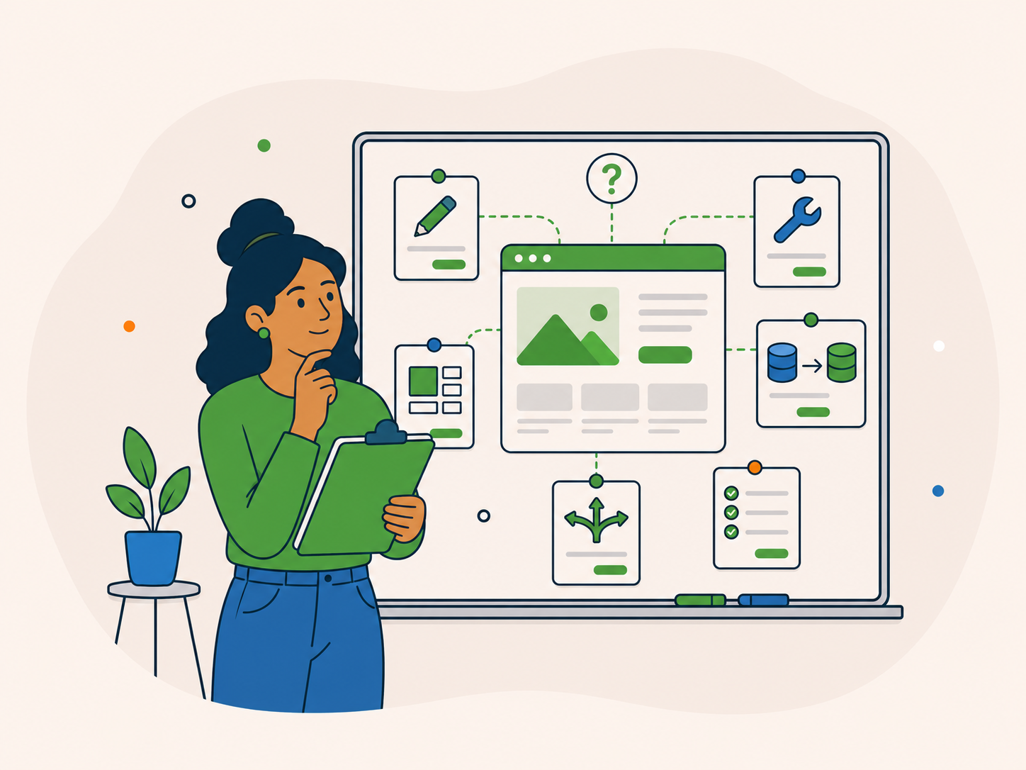 Customer reviewing website project options on a planning board before choosing the right type of website work