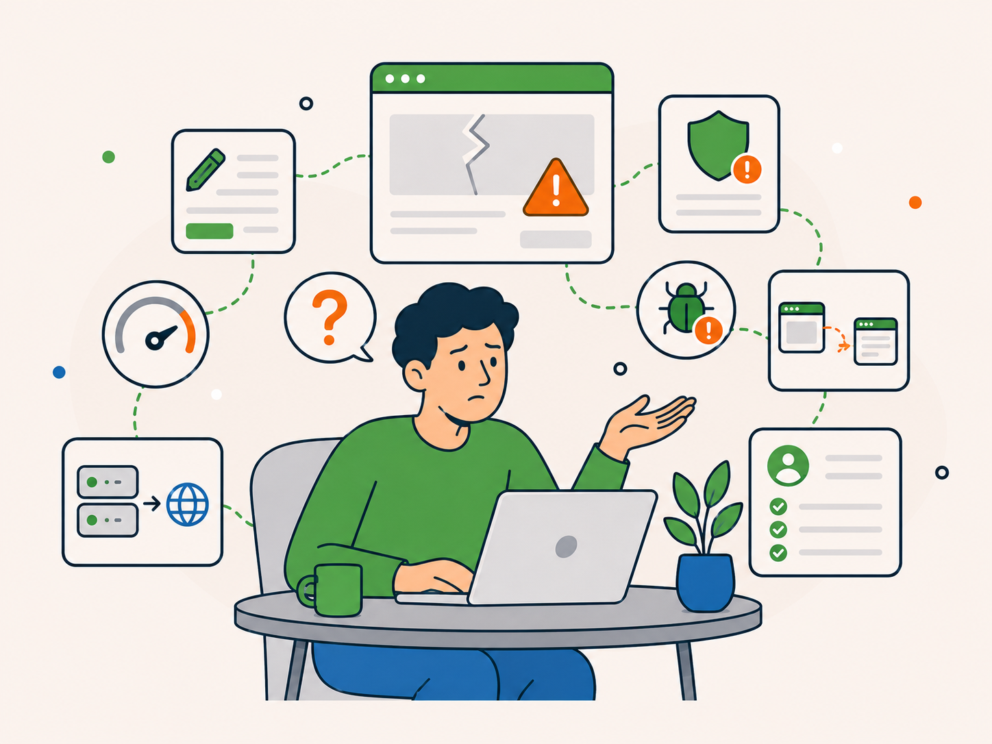 Confused website owner using a laptop while website repair, security, speed, migration, content change, and checklist icons appear around them, showing a one-time support enquiry when they are not sure which service fits.