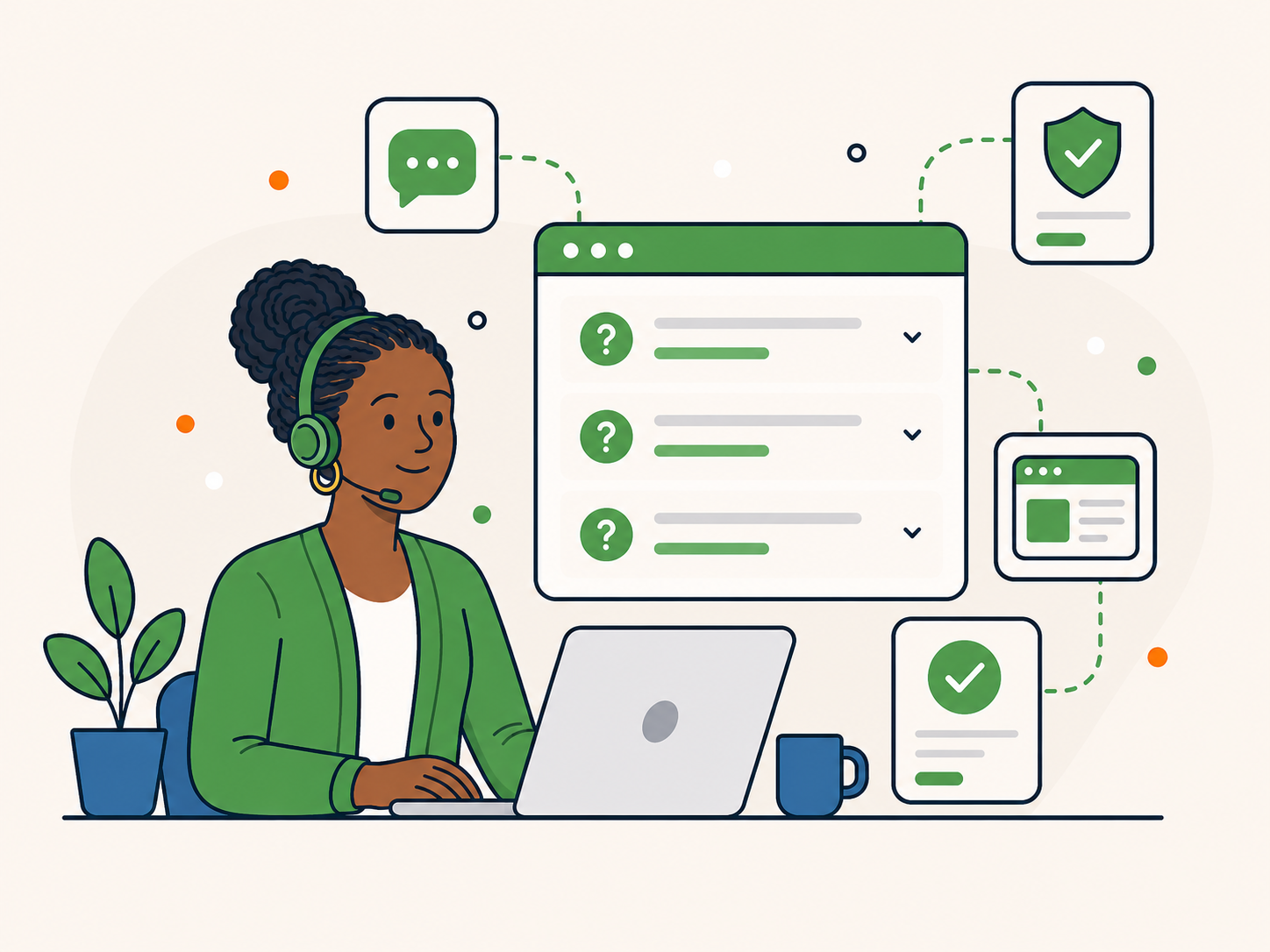 Illustration of a friendly support agent beside a WordPress FAQ panel, helping answer common questions about one-off website support.