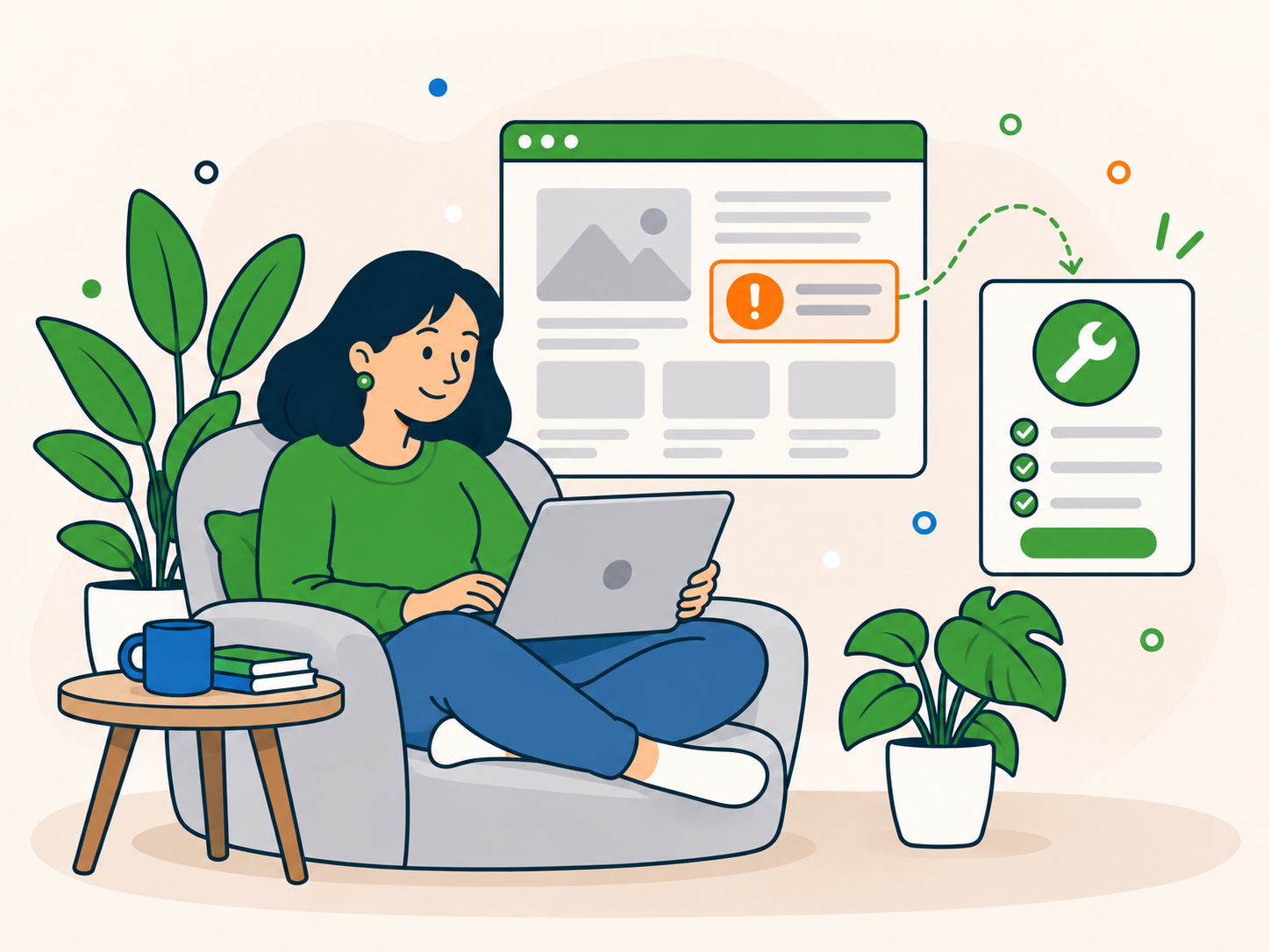 Illustration of a website owner dealing with a specific WordPress issue and reviewing one-off support options.