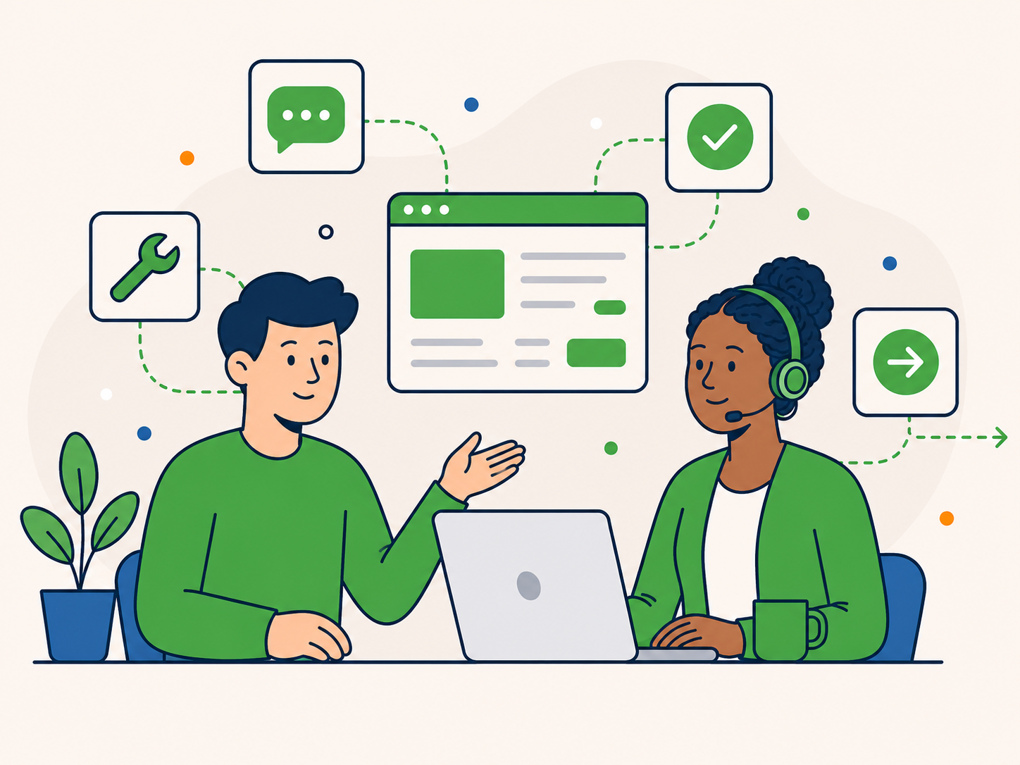 Illustration of a website owner talking with a support agent about one-off WordPress help, with website, repair, chat, and next-step icons.