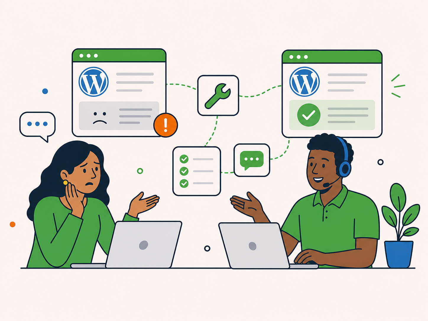 Business owner receiving clear support as an urgent WordPress problem is diagnosed and fixed.