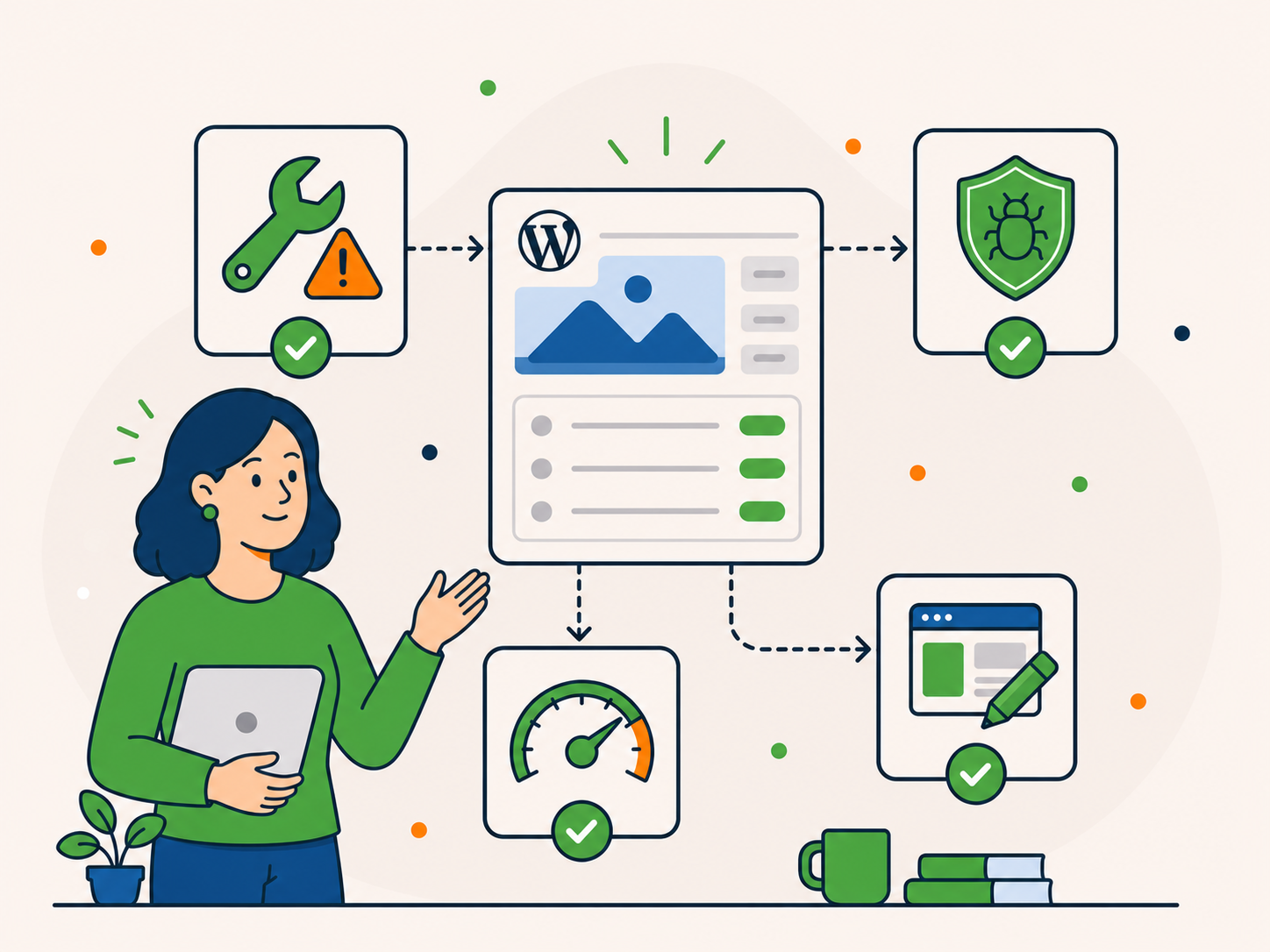Illustration of a person choosing between one-off WordPress services, including repair, security, speed optimisation, and website changes.