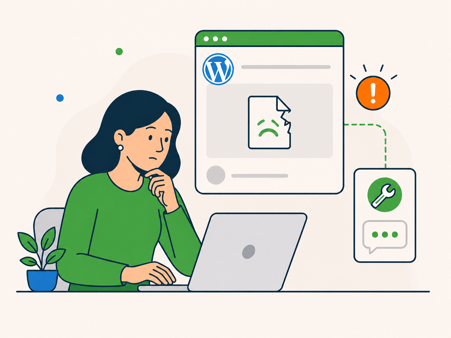 Illustration of a customer with one WordPress issue, shown with a broken page alert and support icons for a one-time support enquiry.