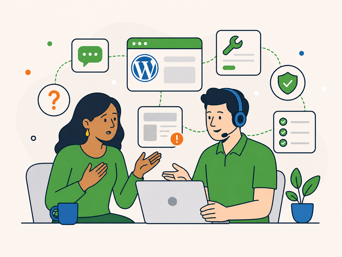 Website owner explaining a WordPress issue to a support specialist, with website, repair, security, and checklist icons showing one-time support enquiry and help choosing the right service.