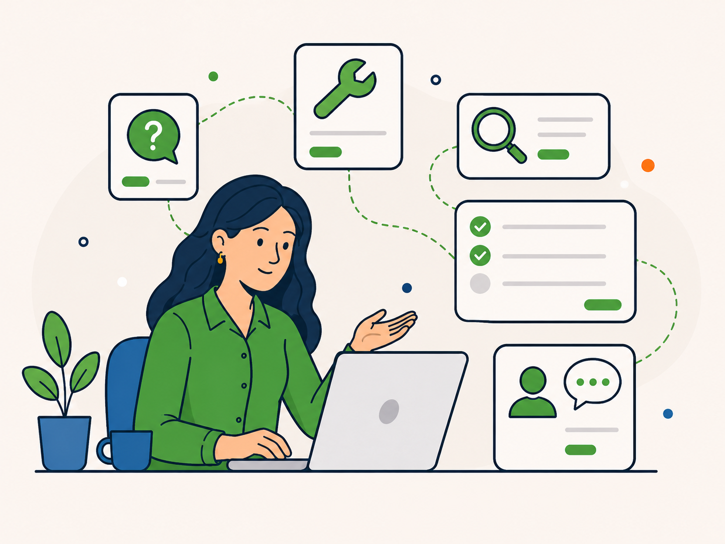 Illustration of a website owner reviewing support options for a WordPress issue, with repair, search, checklist, and message icons.