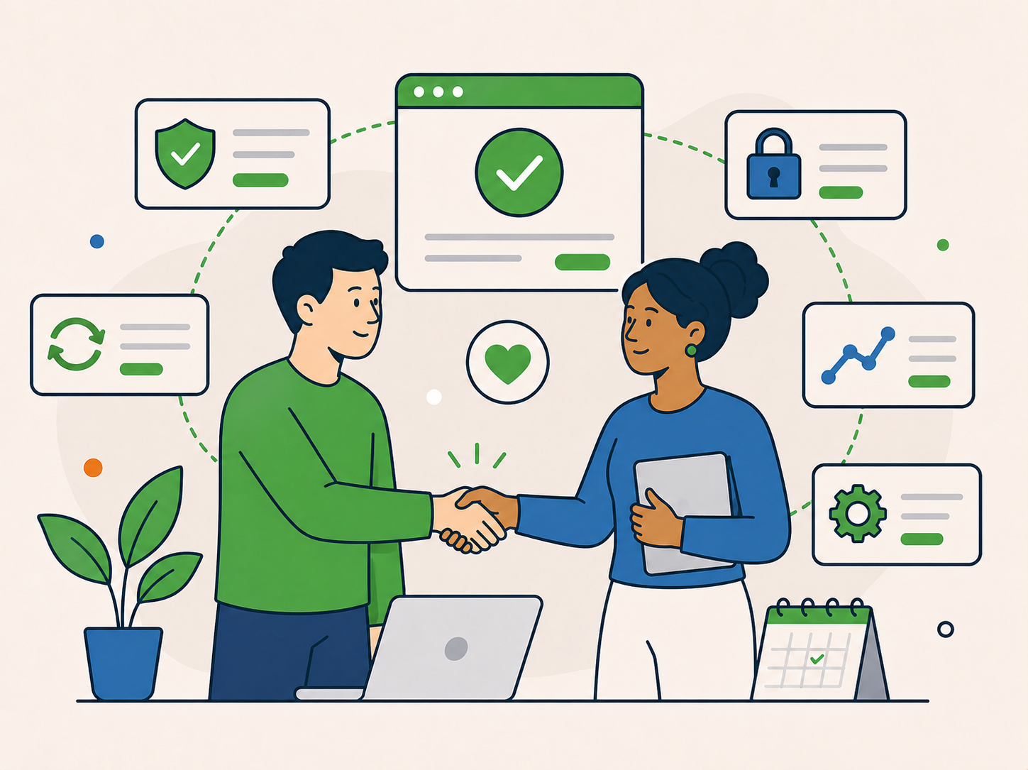 Two people shaking hands in front of website care panels showing updates, security, performance, and maintenance icons.