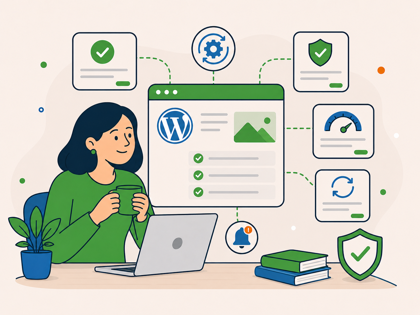 Business owner feeling reassured while WordPress updates, security and performance are managed.
