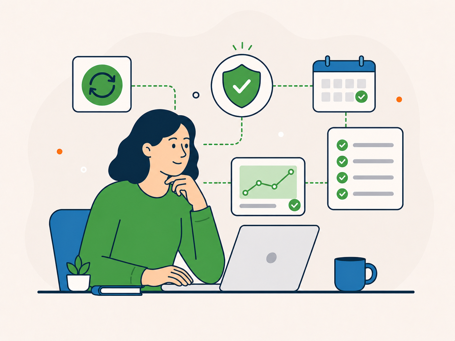 Illustration of a website owner reviewing ongoing WordPress care, with calendar, security, refresh, checklist, and performance icons showing regular support over time.