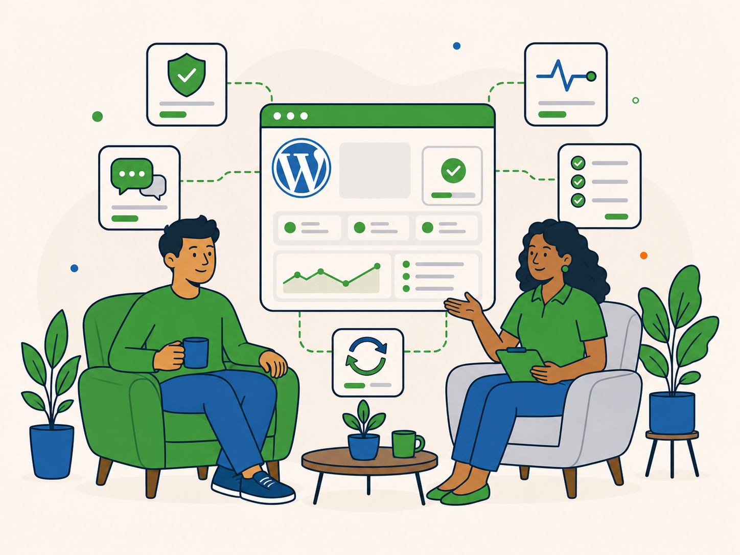 Website owner discussing ongoing WordPress maintenance, hosting, security and performance support.