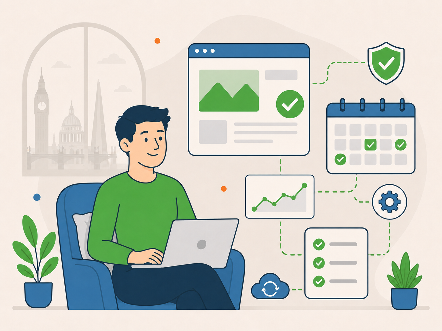 Illustration of a London website owner using a laptop with connected website care, calendar, security, and checklist panels.
