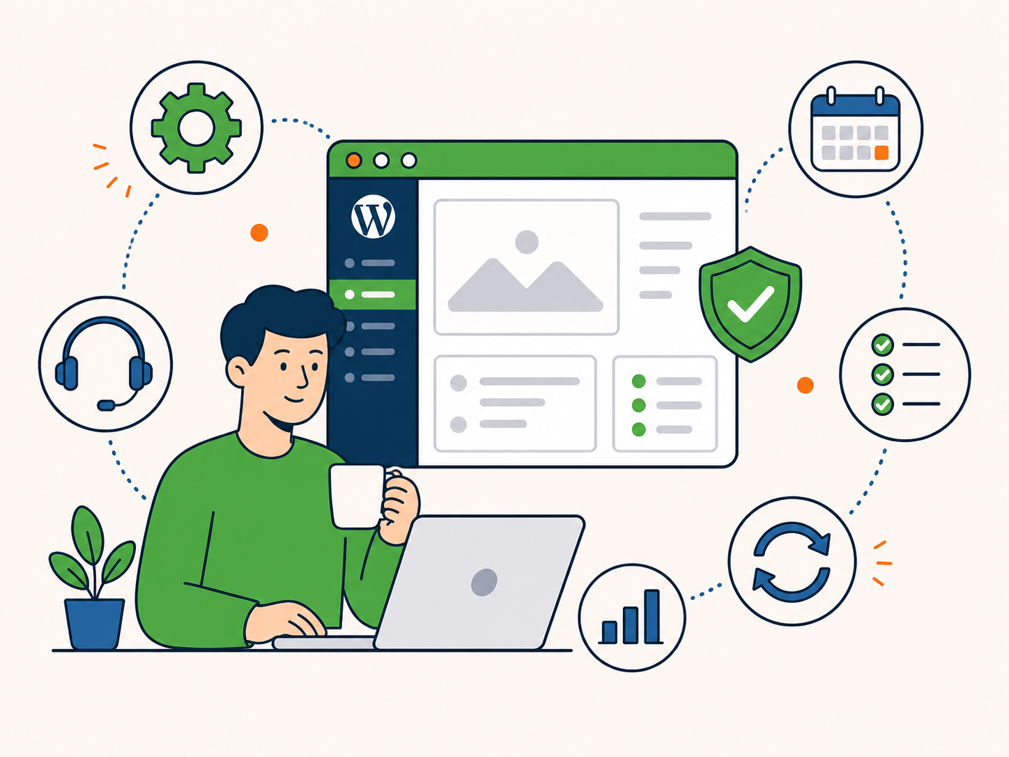 Illustration of a website manager using a laptop with icons for maintenance, support, security, scheduling, updates, and performance monitoring.