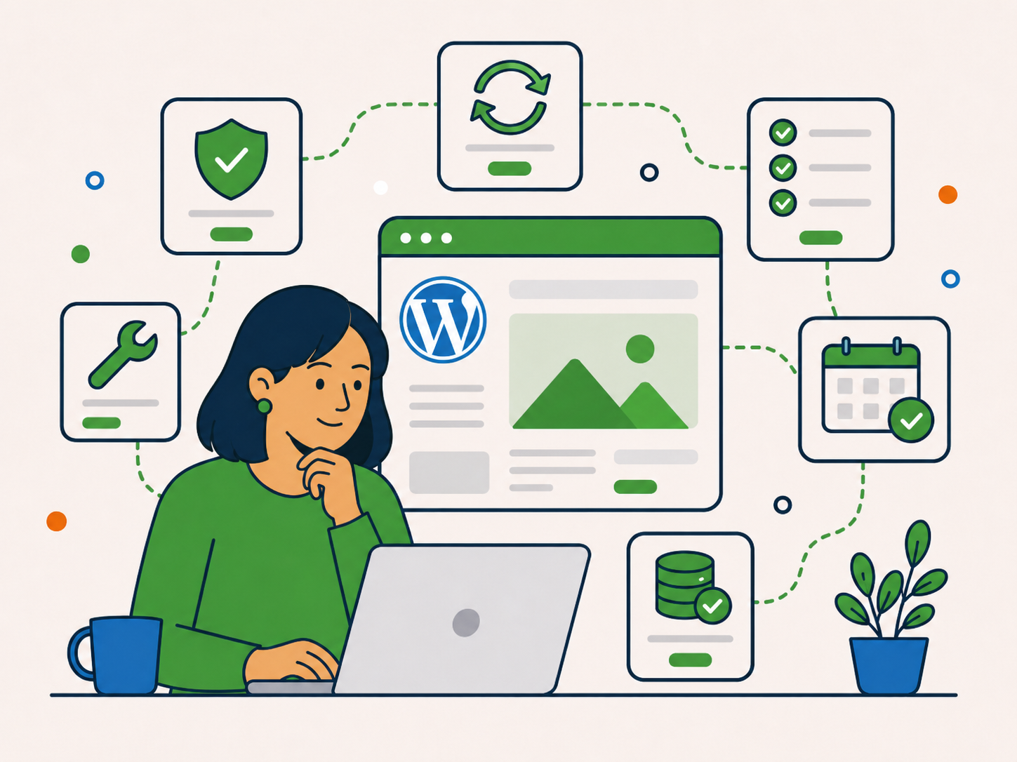 Website manager reviewing a WordPress site surrounded by connected maintenance, security, backup and scheduled check panels.
