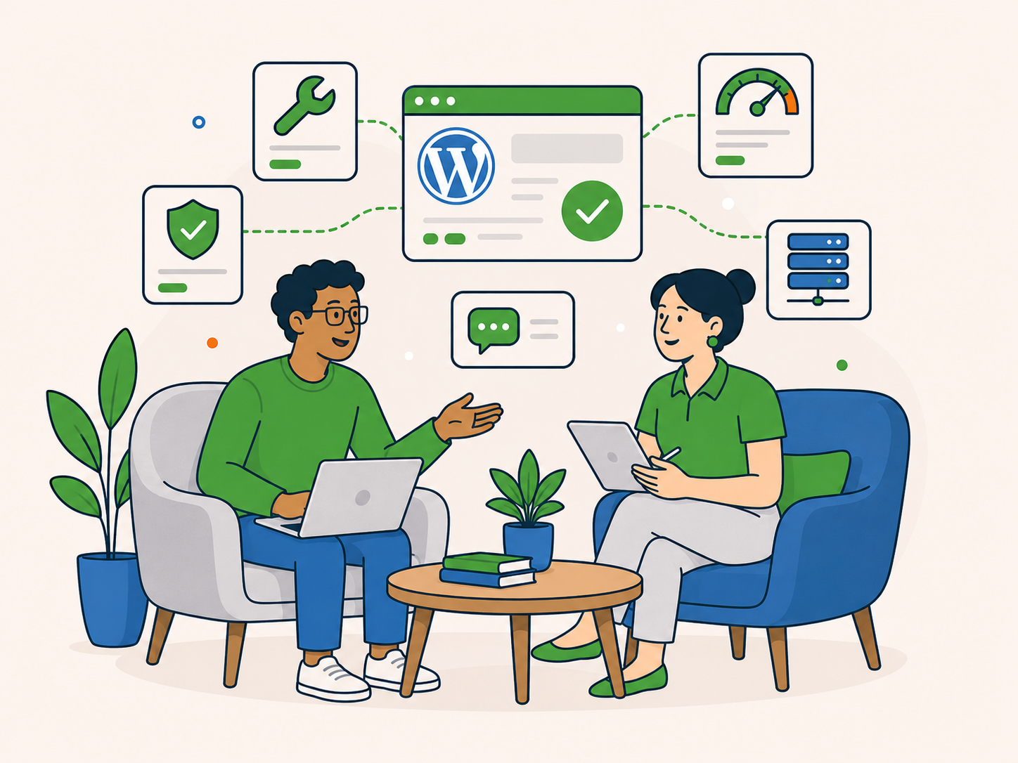 Website owner discussing ongoing WordPress support with a Newt Labs adviser, with maintenance, security, performance and hosting services shown in a joined-up setup.