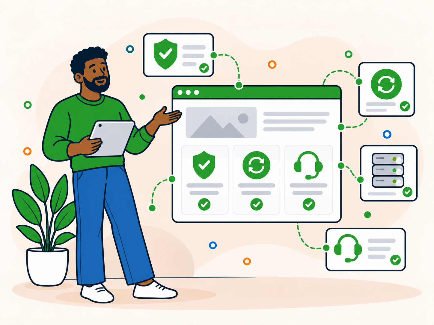 Illustration of a website owner comparing ongoing WordPress maintenance, security and support options.