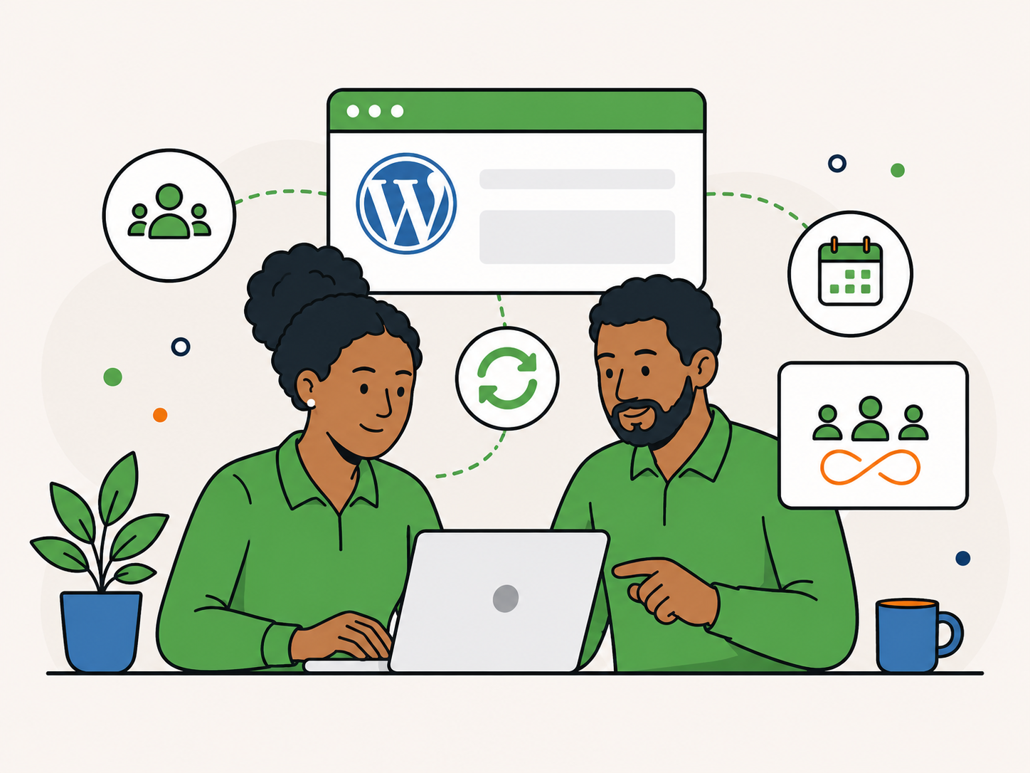 Illustration of two support team members working together on the same WordPress website over time, with continuity and calendar icons.