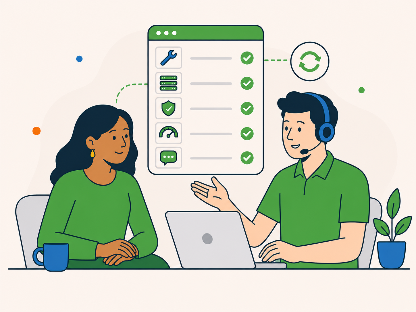 Illustration of a customer discussing ongoing WordPress support with a Newt Labs advisor, with a care plan checklist showing maintenance, hosting, security, performance, and regular support.