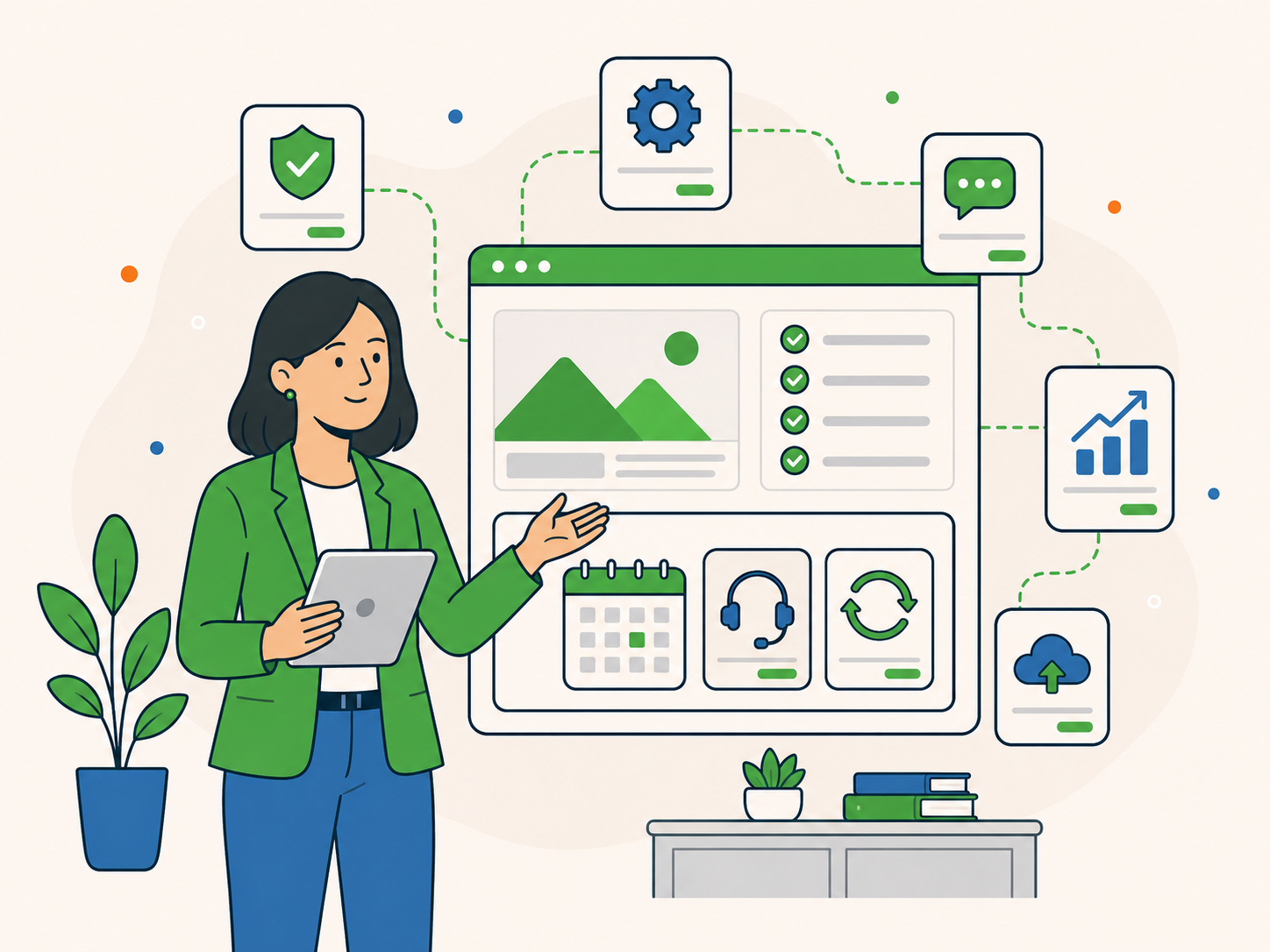 Operations manager overseeing website updates, support tasks and digital processes from a joined-up dashboard.
