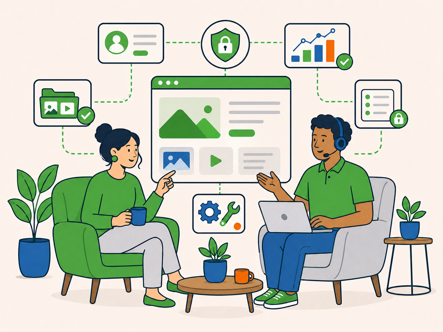 Illustration of a client and a Newt Labs support specialist reviewing website content and secure data access, with a central website panel surrounded by privacy, account, files, analytics, and protected data icons.