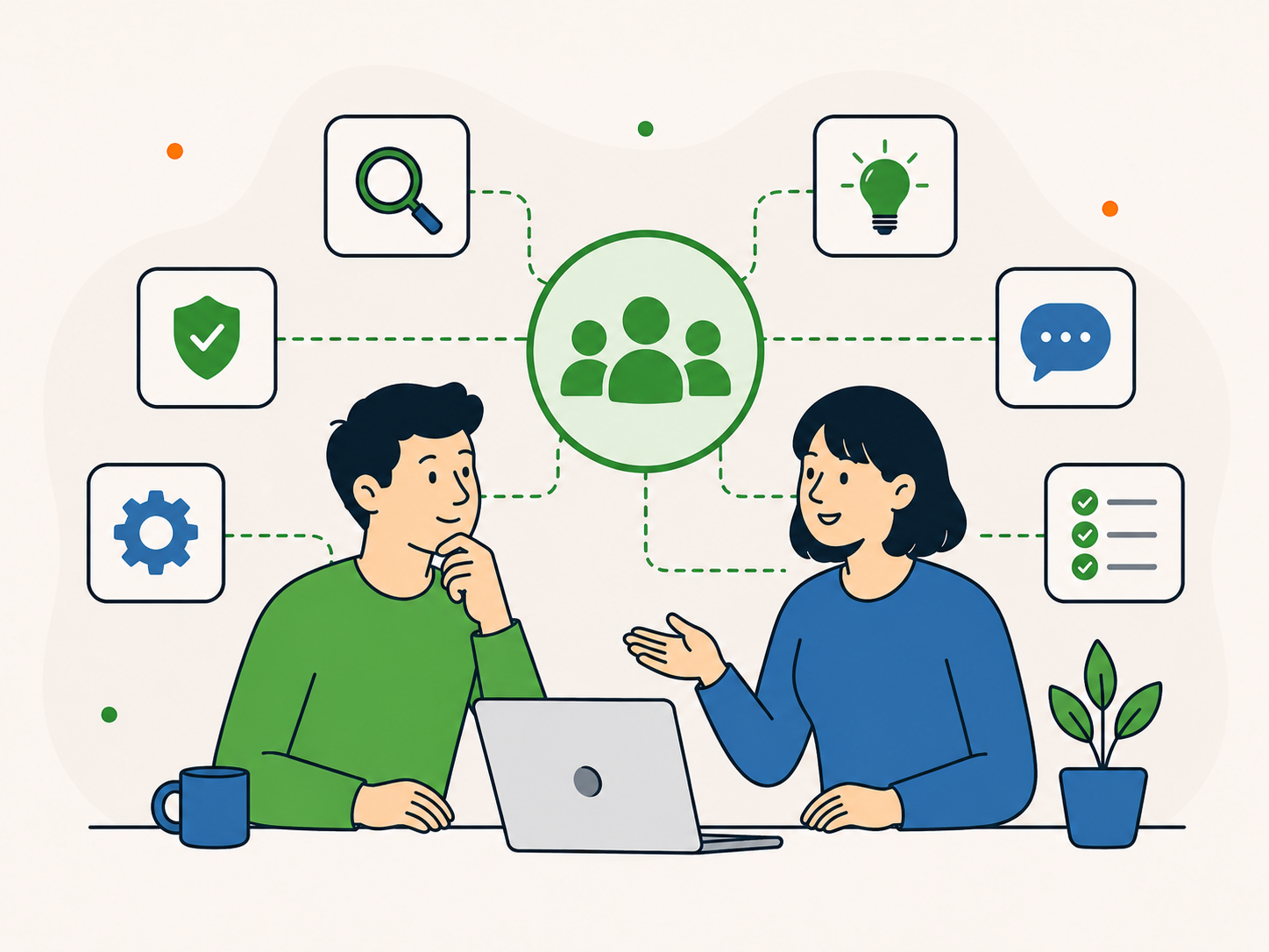 Flat vector illustration showing two people discussing partner route options, with connected icons for search, trust, conversation, guidance, and next steps.