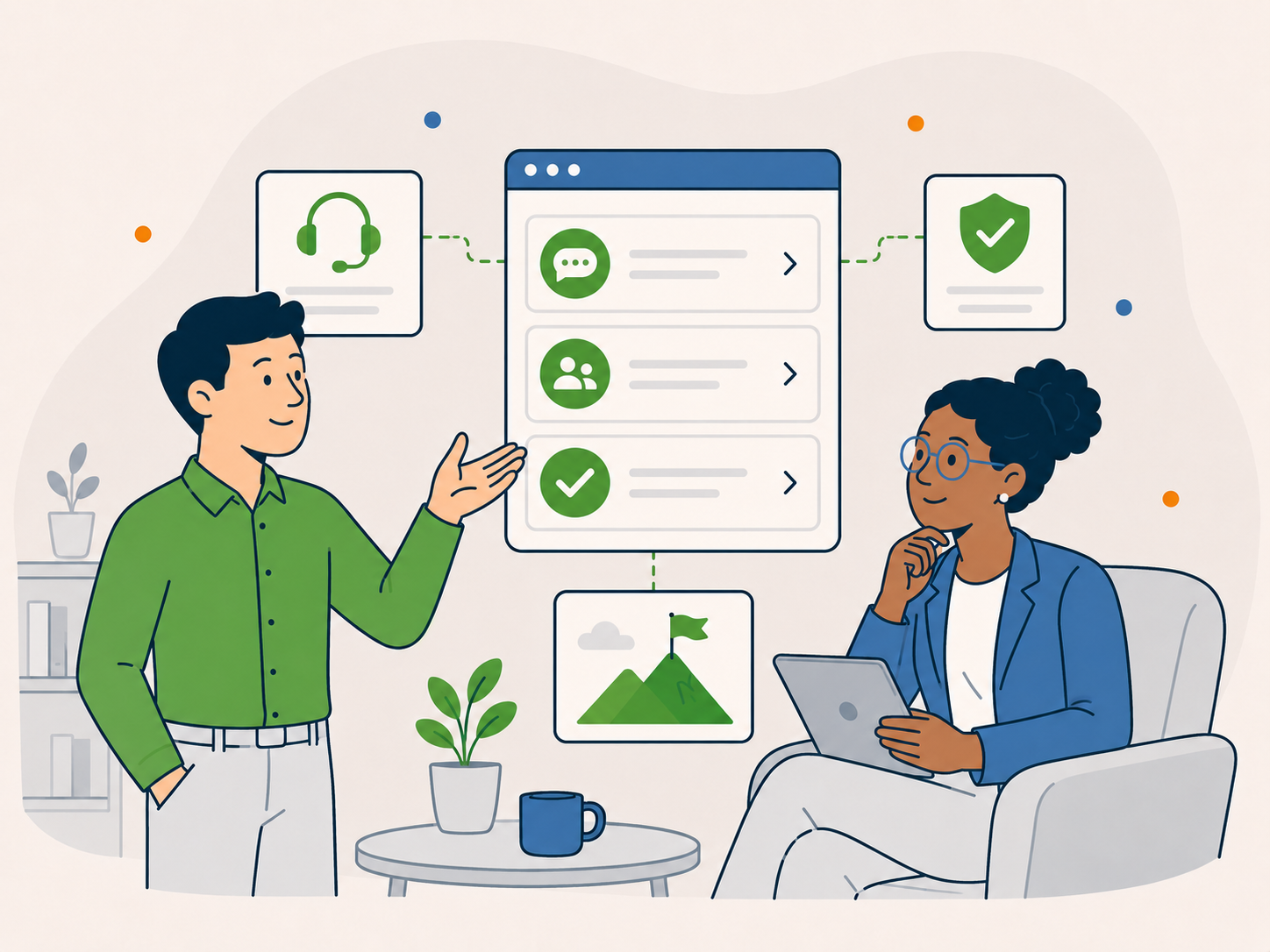 Flat vector illustration showing two people discussing clear partnership options, with support, security, conversation, and next-step icons around them.